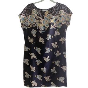 Peruvian Connection Silk Floral Cap Sleeve Shift Dress Navy Size Medium